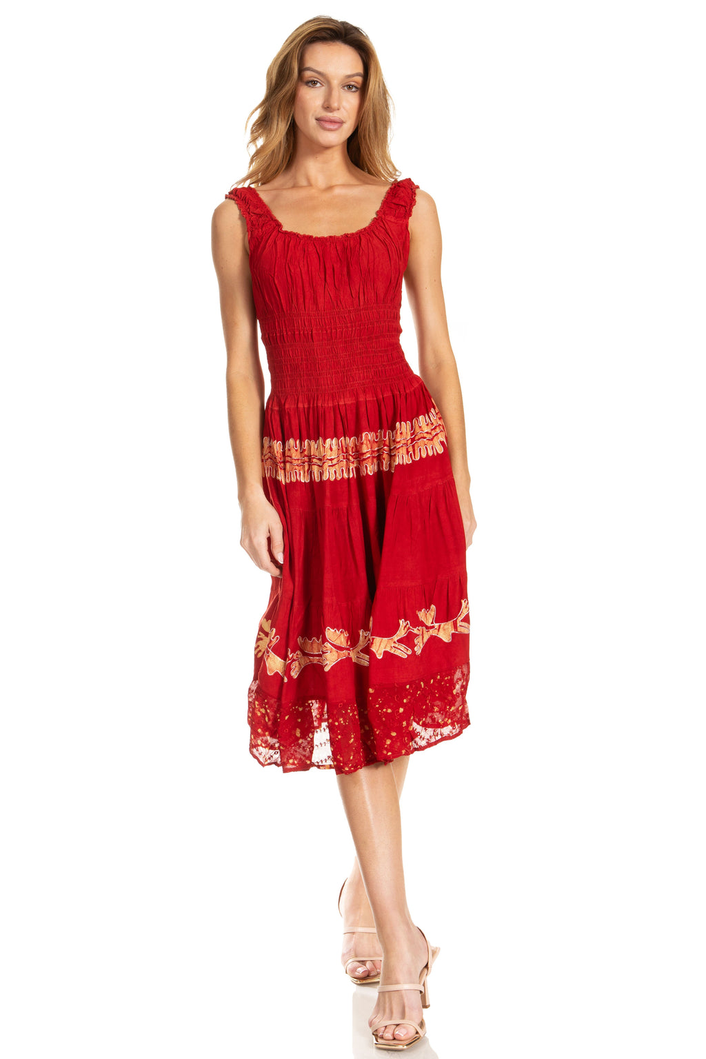 Sakkas Alba Women's Off The Shoulder Smock Ruffle Midi Dress Tie Dye & Embroidery