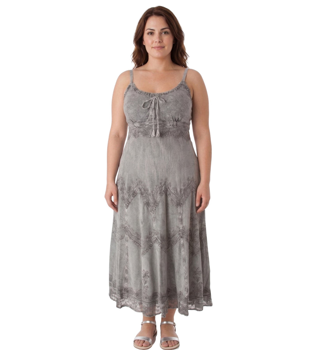 Sakkas Stonewashed Rayon Embroidered Adjustable Spaghetti Straps Long Dress
