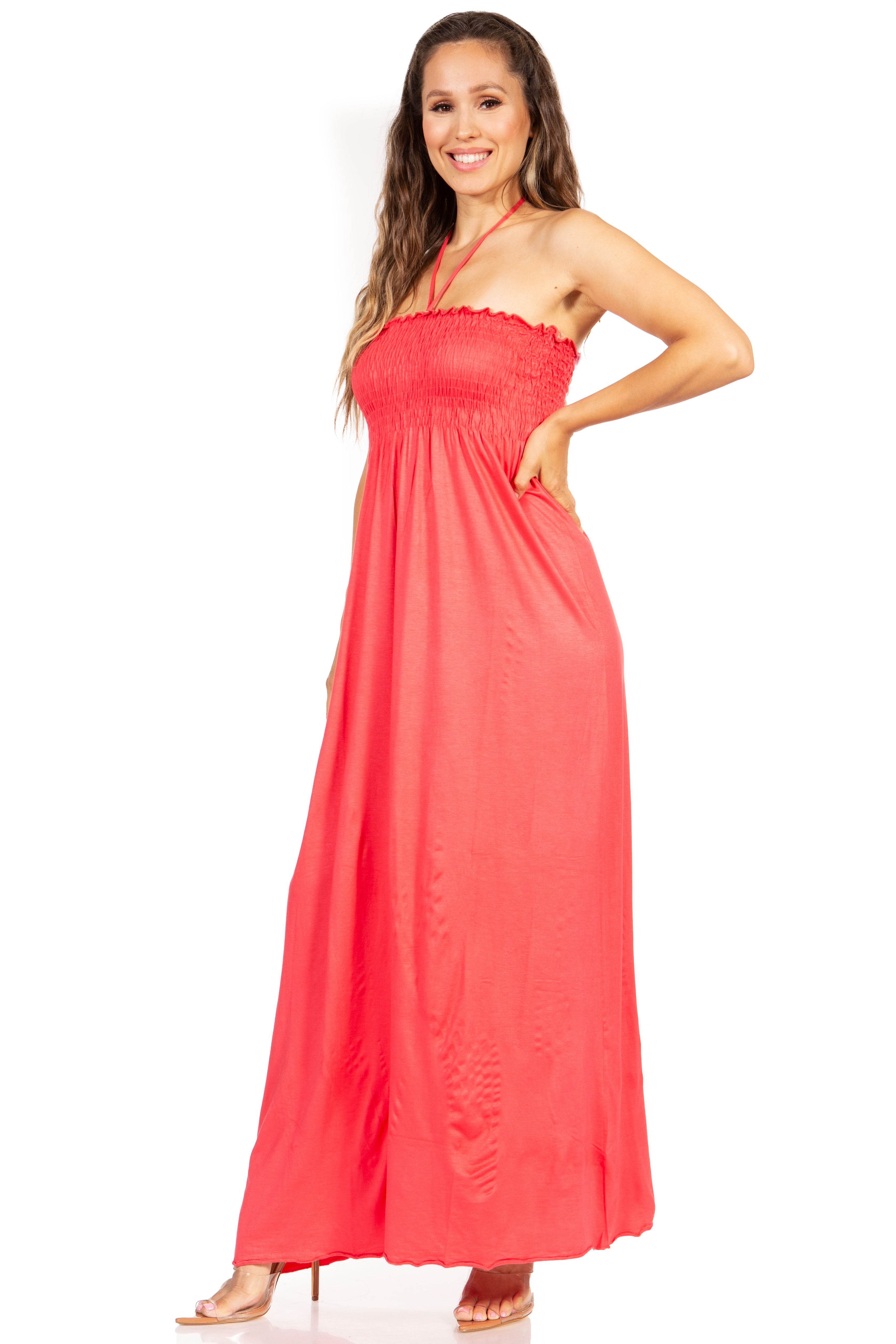 Sakkas Soft Jersey Feel Solid Color Smocked Bodice String Halter Long Dress