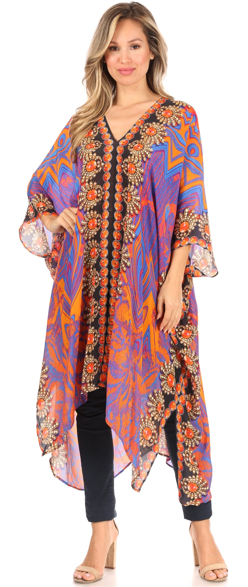 Sakkas Alvita Women's V Neck Beach Dress Top Caftan Cover up with Rhinestones