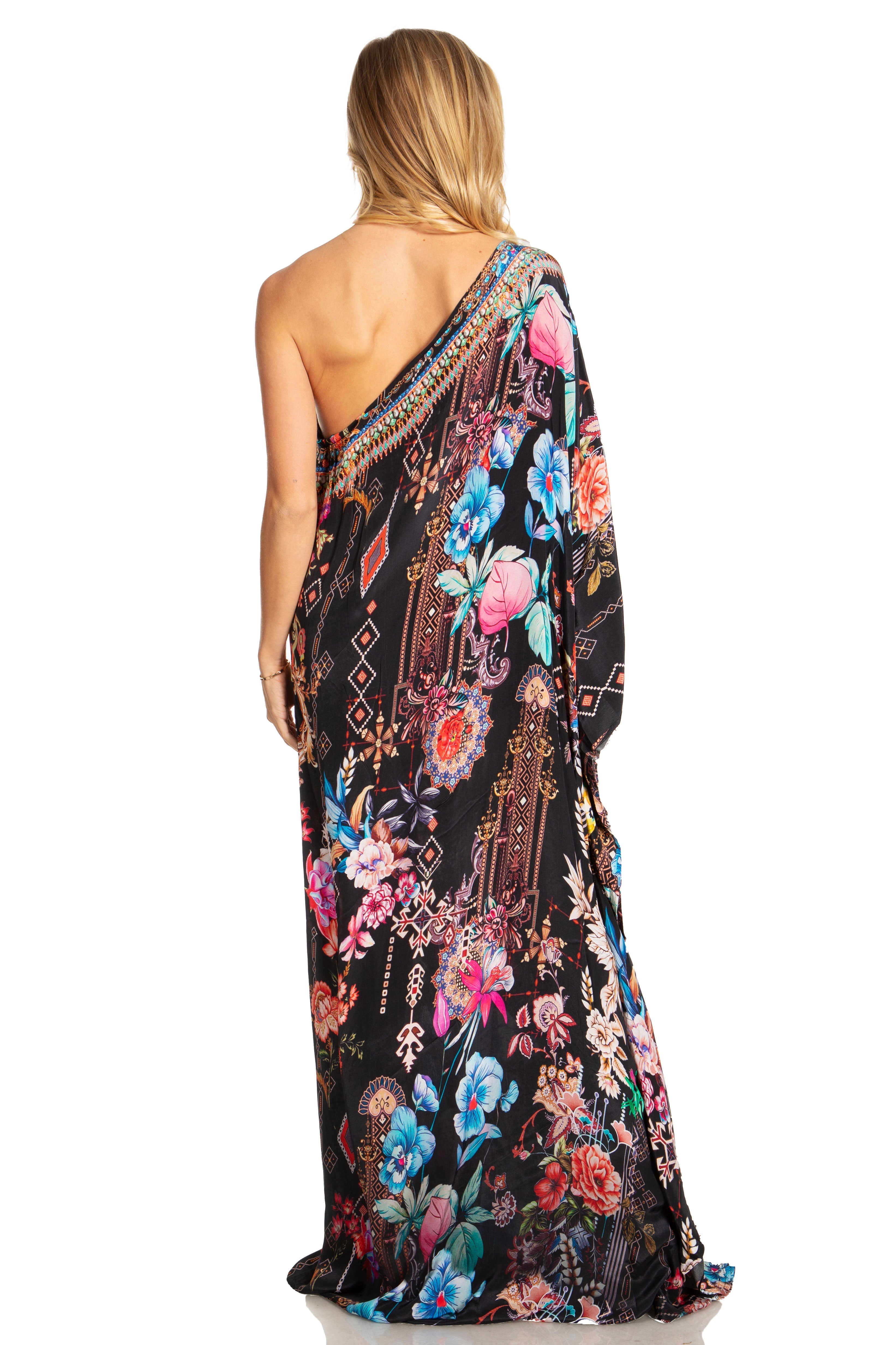 Sakkas Dora Women's One Shoulder Short Sleeve Casual Elegant Maxi Dress with Print