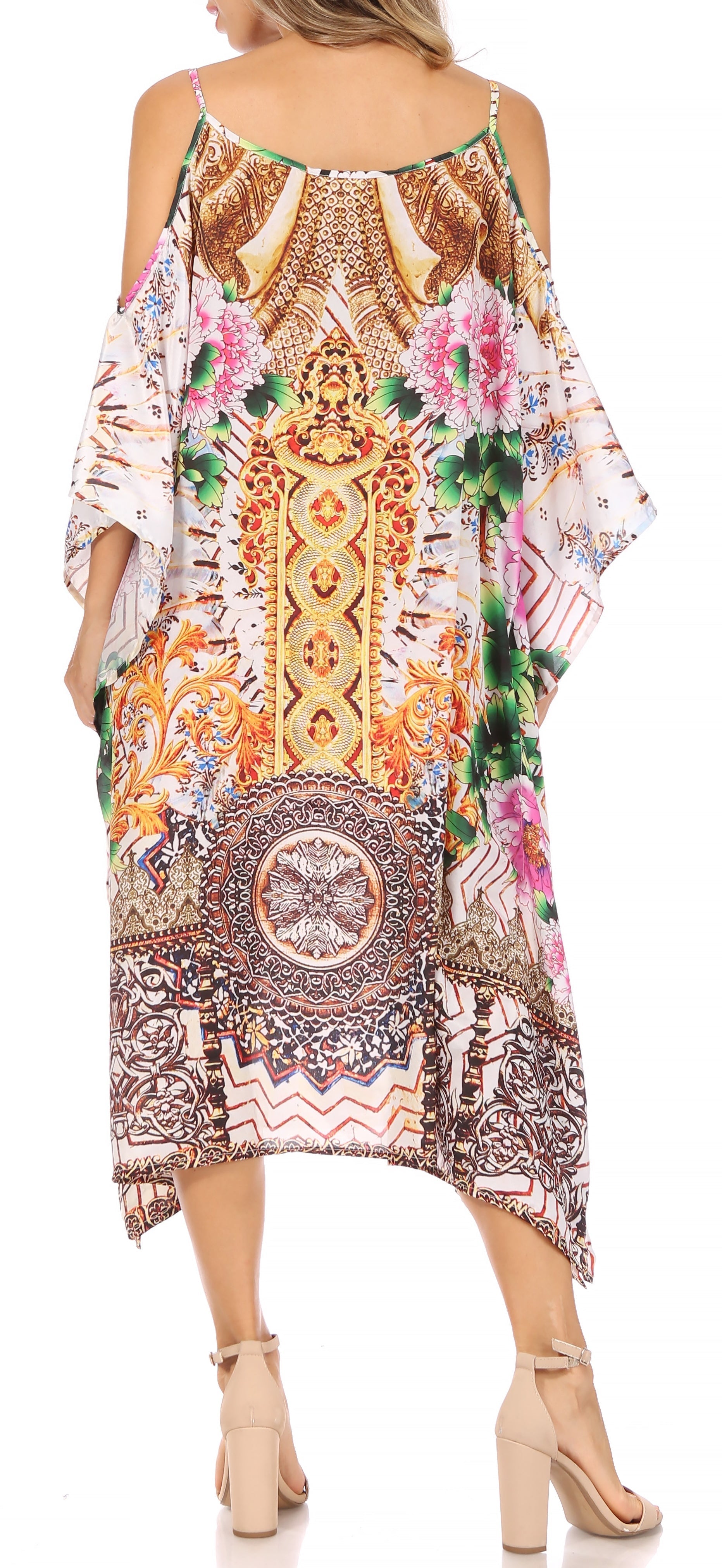 Sakkas Amaya Loose Fit Long Printed Strappy Cutout Shoulder Boat Neck Kaftan Dress