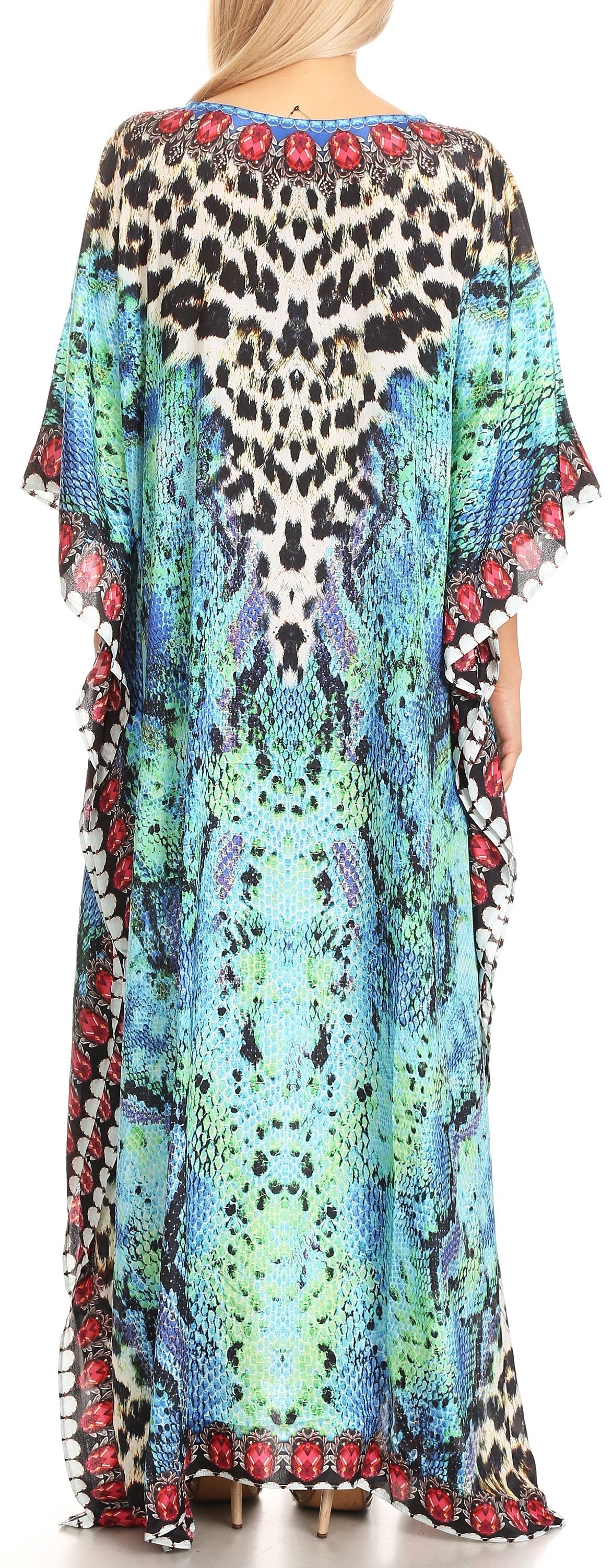 Sakkas Anahi Flowy Design V Neck Long Caftan Dress / Cover Up With Rhinestone