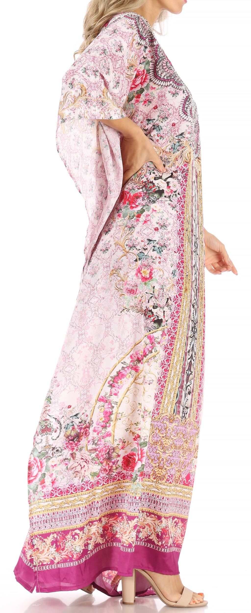 Sakkas Anahi Flowy Design V Neck Long Caftan Dress / Cover Up With Rhinestone