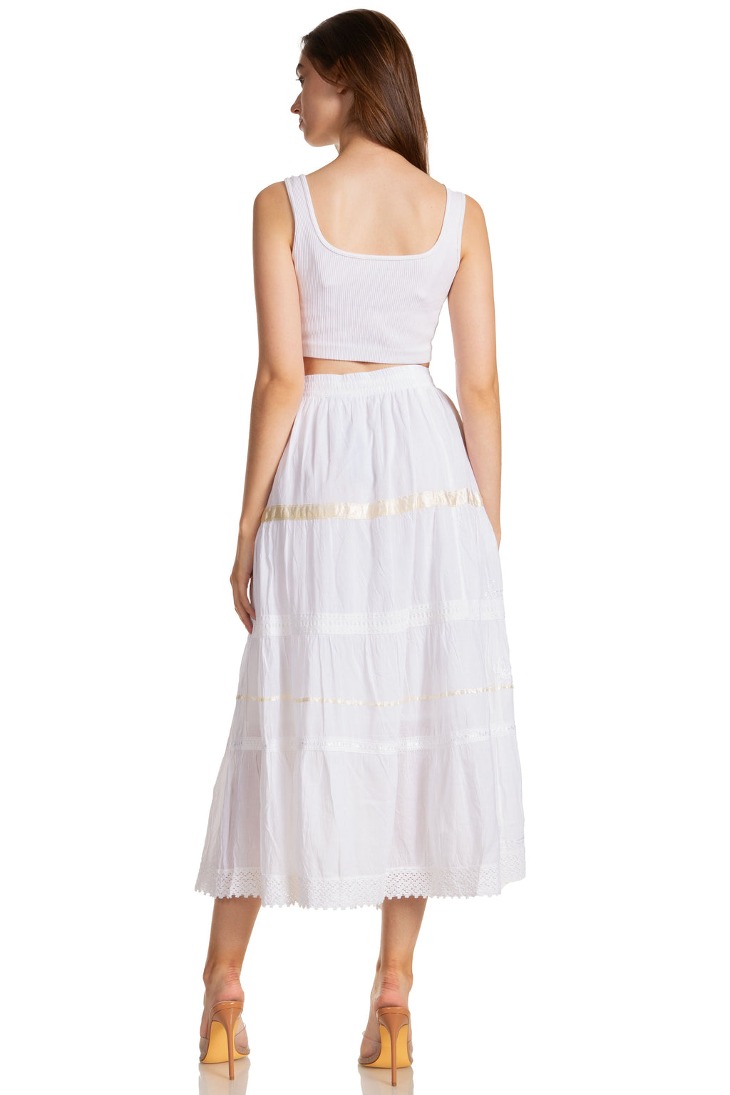 Sakkas Solid Embroidered Gypsy / Bohemian Mid Length Cotton Skirt