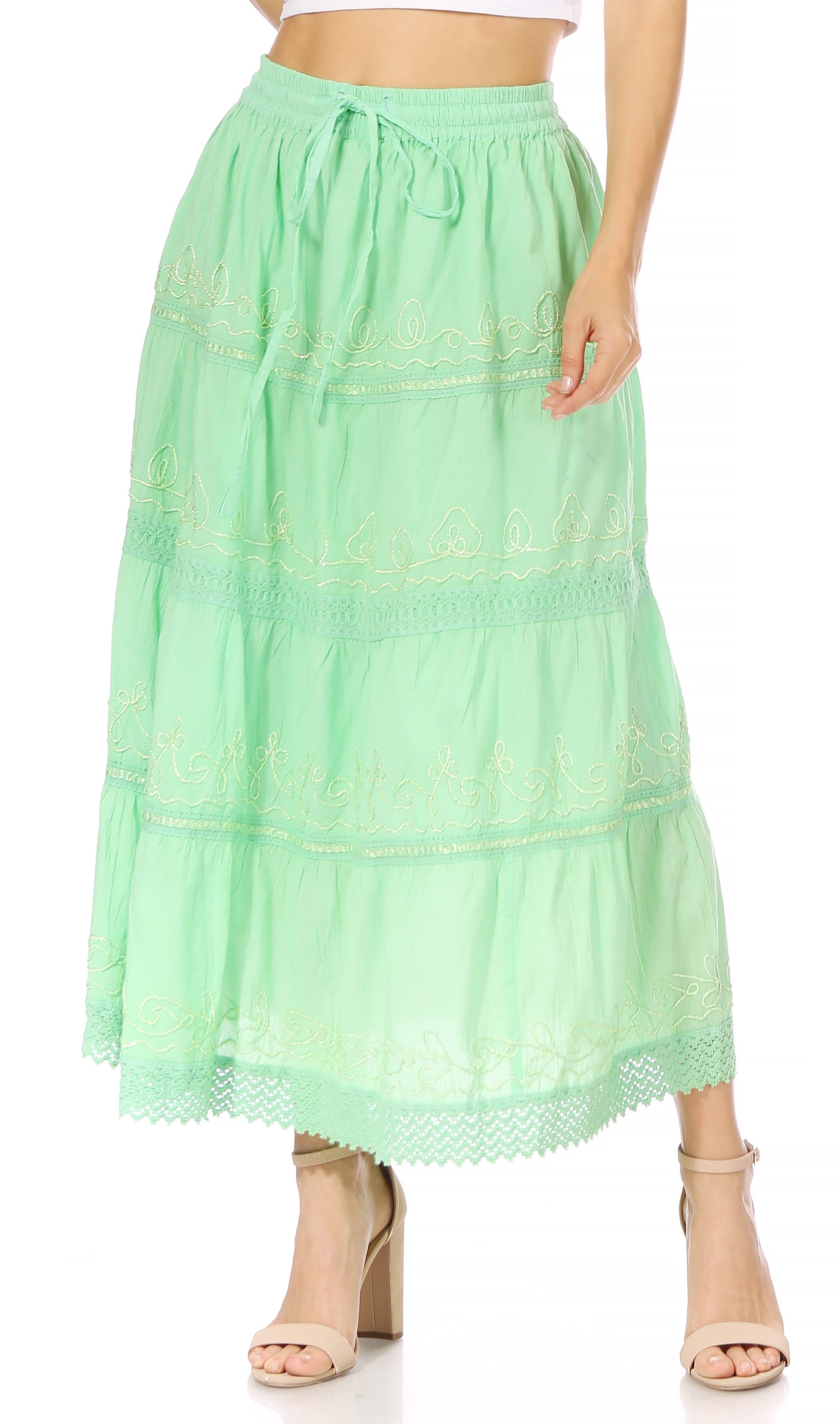 Sakkas Solid Embroidered Crochet Lace Trim Gypsy Bohemian Mid Length Cotton Skirt