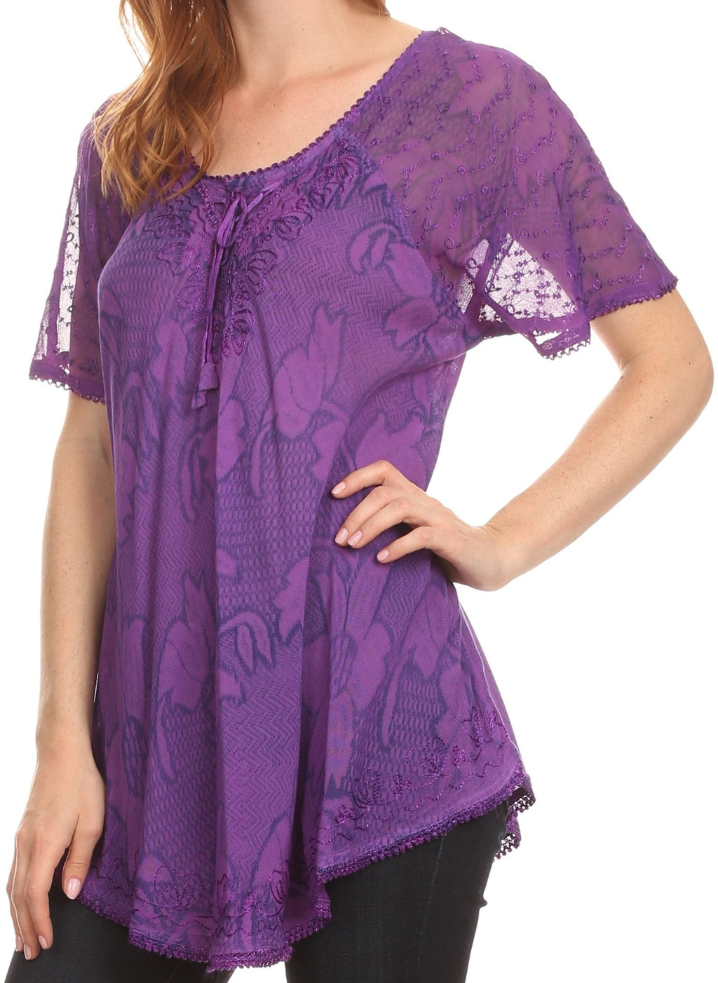 Sakkas Maliky Wide Corset Neck Floral Embroidered Cap Sleeve Blouse Top Shirt